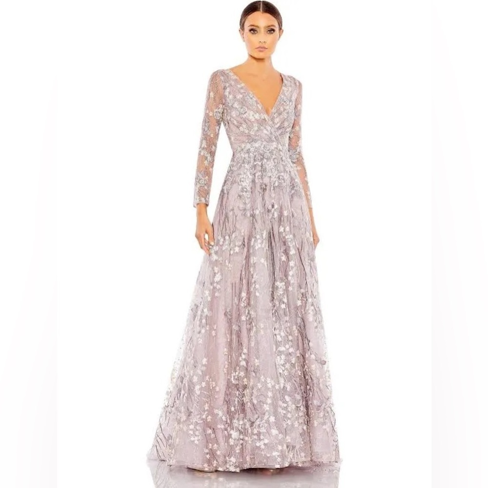 MAC DUGGAL EMBELLISHED WRAP OVER ILLUSION LONG SLEEVE A LINE DRESS NWT Sz 10